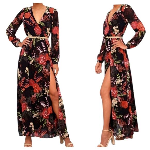 Lulus Dark Floral Maxi Dress XL High Slit Fall Wedding Long Sheer Sleeves V-neck - Picture 1 of 16